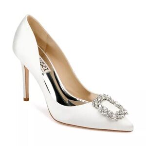Badgley Mischka White Satin Cher Crystal Buckle Pumps